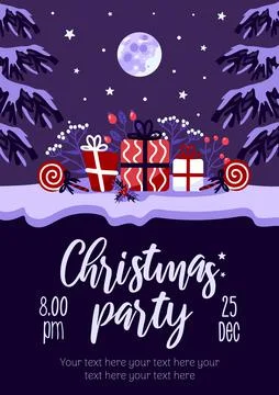 Merry Christmas party flyer. Bright vector illustration in cartoon style in Stock Illustration