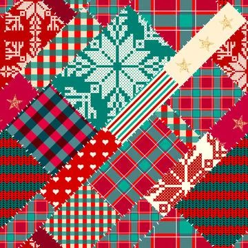 Merry Christmas Patchwork textile pattern. Seamless quilting design background. Stock Illustration