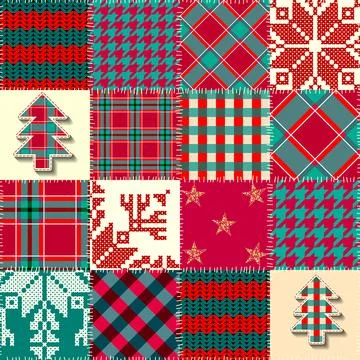 Merry Christmas Patchwork textile pattern. Seamless quilting design background. 스톡 일러스트
