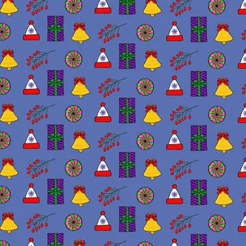 Merry christmas pattern with hat, gift, branch, bell and candy Illustrazione stock