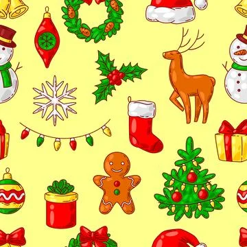 Merry Christmas pattern. Holiday background in cartoon style. Stock Illustration