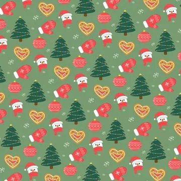 Merry christmas pattern with santas mitten, christmas tree, snowflakes, glass Stock Illustration