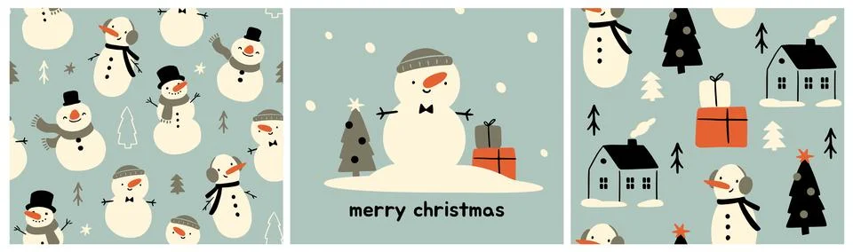 Merry Christmas pattern set. Seamless repeating patterns with cute snowmen, gift 스톡 일러스트