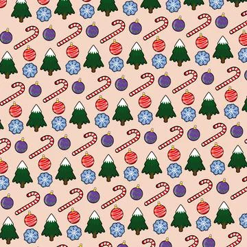 Merry christmas pattern with tree, christmas balls, candy and snowflake Illustrazione stock