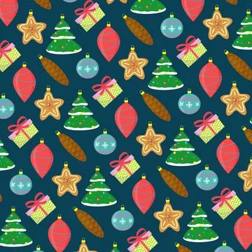 Merry christmas pattern with vector christmas toys and gift Illustrazione stock
