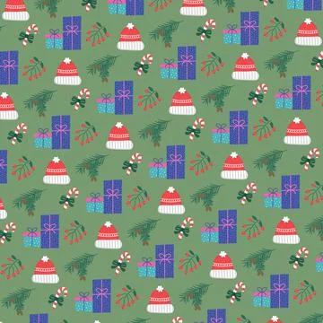 Merry christmas pattern with winter hat, candy, gifts, branches and holly Stock Illustration