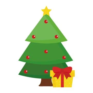 Merry christmas pine tree with gift vector design Illustrazione stock