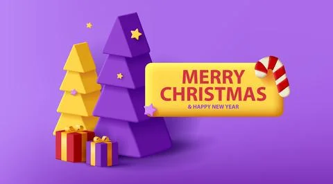 Merry Christmas postcard with 3d stylized Christmas Tree and gift boxes with Stock Illustration