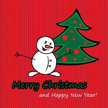 Merry Christmas postcard with fir and snowman. Stock Illustration