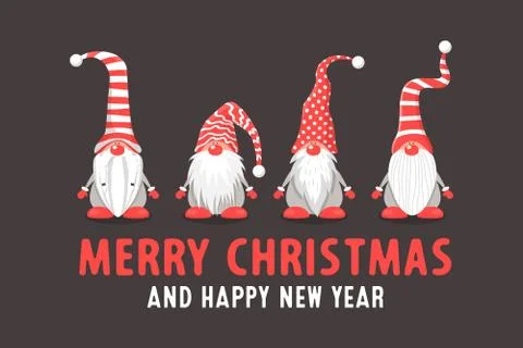 Merry Christmas Postcard. Four Vector Christmas Cute Gnomes with Red Caps in Stock Illustration