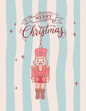 Merry Christmas Poster with Pink Nutcracker in Coquette Style Stock Illustration