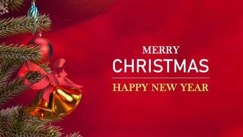 Merry Christmas red background with close up Christmas bell on a tree, 3D r.. Illustrazione stock