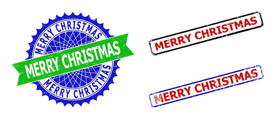 MERRY CHRISTMAS Rosette and Rectangle Bicolor Stamps with Grunged Surfaces Stock Illustration
