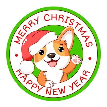 Merry Christmas round vector label. Holiday stamp, card, sticker with cute co Stock Illustration