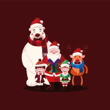 Merry christmas santa helper boy reindeer polar bear characters together Stock Illustration