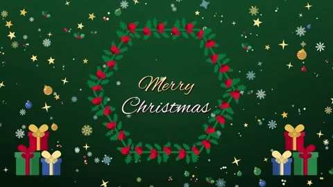 Merry Christmas script text inside a hexagon holly frame with gifts on green 스톡 동영상 348258321