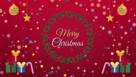 Merry Christmas script text inside a holly wreath with hanging ornaments and Stock-Footage 348258415