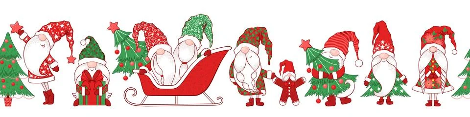 Merry Christmas Seamless horizontal pattern with cute hand drawn gnomes, Ch.. Stock Illustration