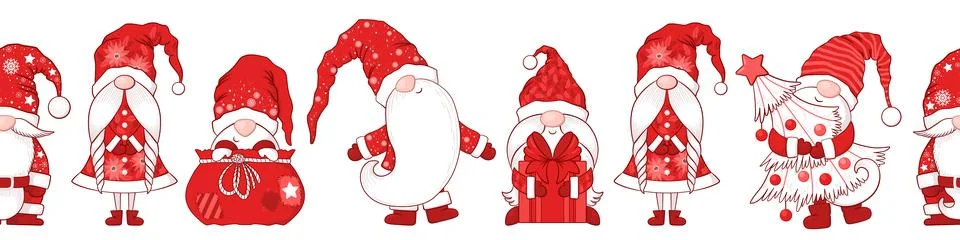 Merry Christmas Seamless horizontal pattern with cute hand drawn gnomes iso.. Stock Illustration