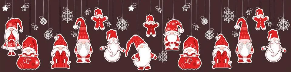 Merry Christmas Seamless horizontal pattern with cute hand drawn gnomes dec.. Stock Illustration