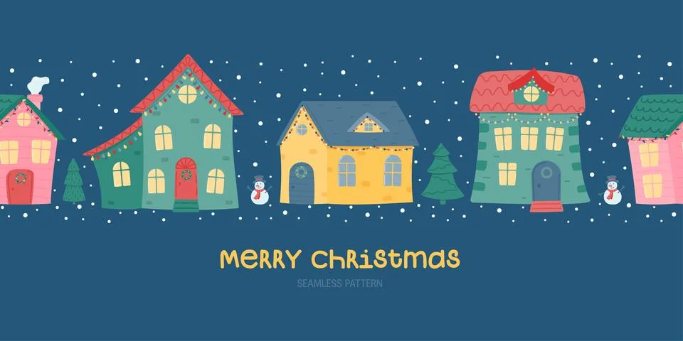 Merry Christmas. Seamless horizontal pattern. Cute winter houses. Stock Illustration
