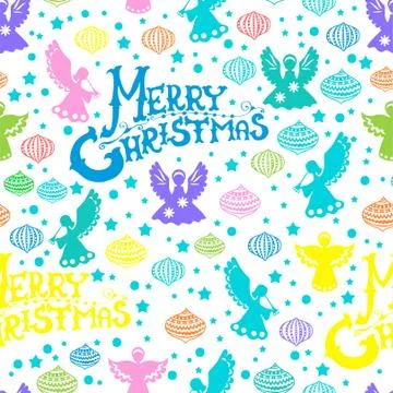 Merry christmas  seamless pattern with angels and toys Stock Illustration