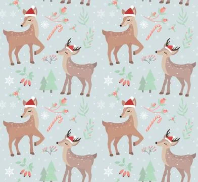 Merry christmas seamless pattern. Cute fawn in winter forest repeating texture Stock Illustration