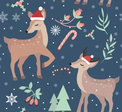 Merry christmas seamless pattern. Cute fawn in winter forest repeating texture Stock Illustration