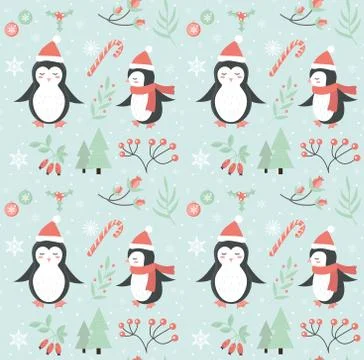 Merry christmas seamless pattern. Cute penguin in winter forest repeating Stock Illustration