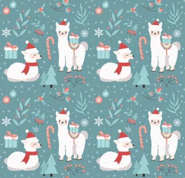 Merry christmas seamless pattern. Cute llama in winter forest repeating texture Stock Illustration