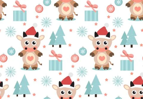 Merry christmas seamless pattern. Cute Bull in a hat of Santa Claus, snowflakes Stock Illustration