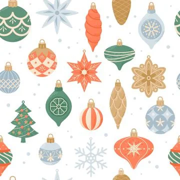 Merry Christmas, seamless pattern with cute vintage hanging decorations. Vector Illustrazione stock