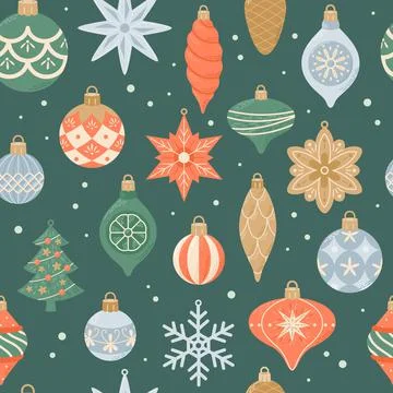 Merry Christmas, seamless pattern with cute vintage hanging decorations. Vector Illustrazione stock