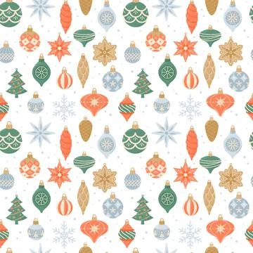 Merry Christmas, seamless pattern with cute vintage hanging decorations. Vector Stock Illustration
