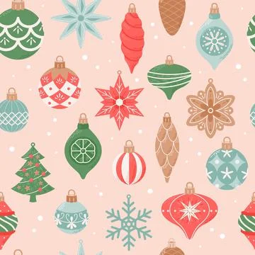 Merry Christmas, seamless pattern with cute vintage hanging decorations. Vector Stock Illustration