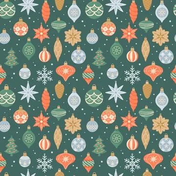 Merry Christmas, seamless pattern with cute vintage hanging decorations. Vector Illustration