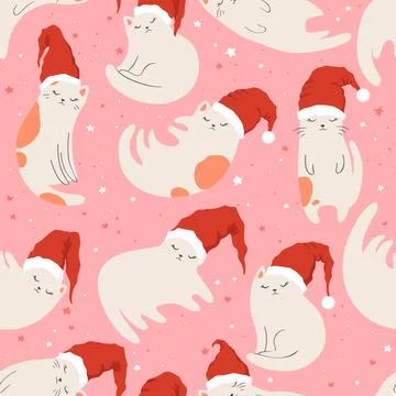 Merry Christmas seamless pattern with cute hand drawn cats In Santa hat iso.. Stock Illustration