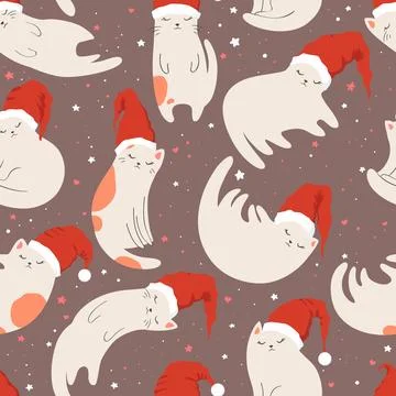 Merry Christmas seamless pattern with cute hand drawn cats In Santa hat iso.. Stock Illustration