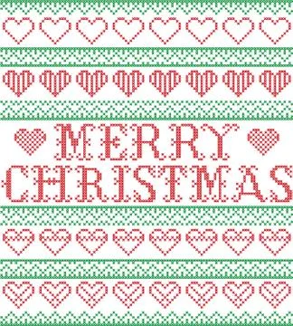 Merry Christmas Seamless pattern hearts in red and green Stock Illustration