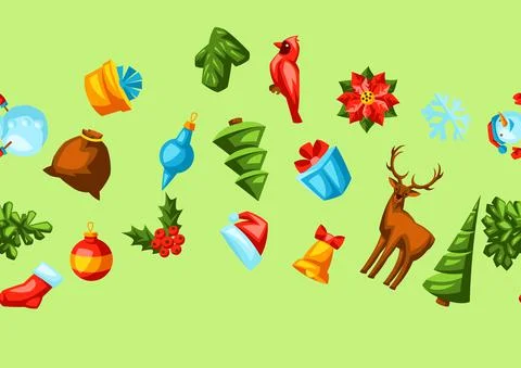 Merry Christmas seamless pattern. Holiday background in cartoon style. Stock Illustration