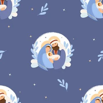 Merry Christmas seamless pattern. Holy family, birth of Jesus Christ. Virgi.. イラスト素材