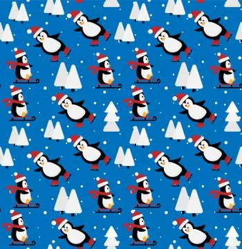 Merry Christmas seamless pattern with penguins,in vector. Stock Illustration