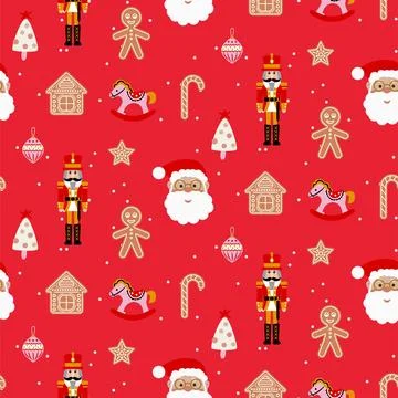 Merry Christmas seamless pattern. Red joyful background with Santa, nutcracker Stock Illustration