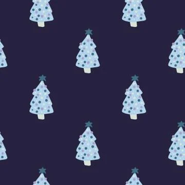 Merry christmas seamless pattern with simple minimalist blue trees. Navy blue Stock Illustration
