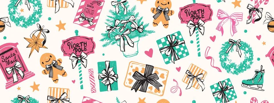 Merry Christmas seamless pattern, vector winter holiday New Year texture Stock Illustration
