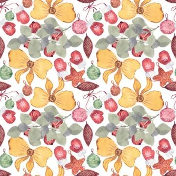 Merry christmas seamless pattern with watercolor. Balls, gifts and toys Stock Illustration