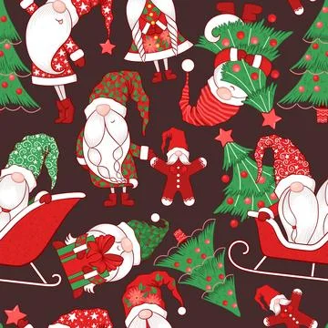 Merry Christmas Seamless vector pattern with cute hand drawn gnomes, Christ.. Stock Illustration