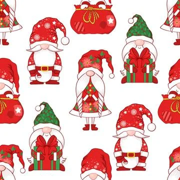 Merry Christmas Seamless vector pattern with cute hand drawn gnomes, Christ.. Stock Illustration