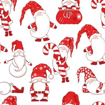 Merry Christmas Seamless vector pattern with cute hand drawn gnomes, Christ.. Stock Illustration