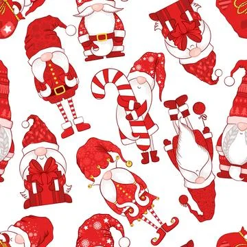 Merry Christmas Seamless vector pattern with cute hand drawn gnomes, Christ.. Stock Illustration